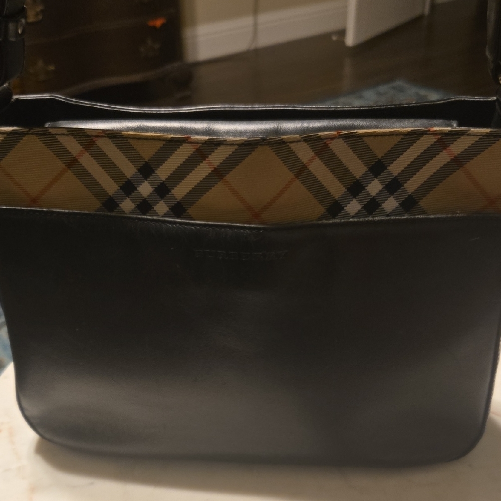 Vintage Burberry Black Messenger Bag with Check Accent
